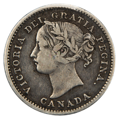 Obverse of a Canada 1858 10 Cents silver dime coin (ICCS F-15, SKU: XQX 228), featuring the draped bust of Queen Victoria facing left, surrounded by VICTORIA DEI GRATIA REGINA CANADA.