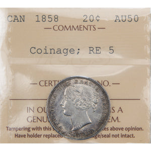 SOLD Canada 1858 20 Cents Silver Coin One Year Type! - ICCS AU-50