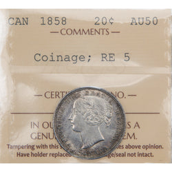Front of ICCS protective slab encapsulation holder for a Canada 1858 20 Cents Silver coin One Year Type (Grade AU-50, SKU: XXV 943), displaying the official ICCS yellow certification insert label with grade, variety designation, and serial number above the coin.