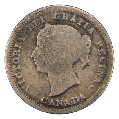 Obverse of a Canada 1858 Large Date 5 Cents silver coin (ICCS aG-3, SKU: XNY 495), featuring the draped bust of Queen Victoria facing left, surrounded by VICTORIA DEI GRATIA REGINA CANADA.