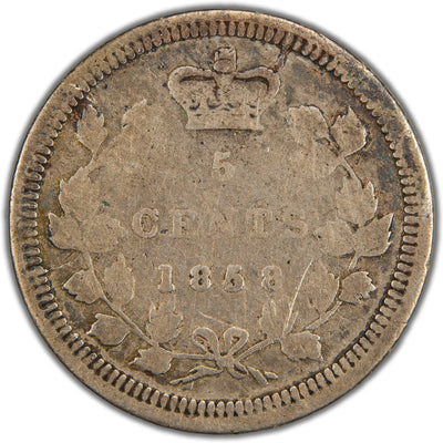 Reverse of a Province of Canada 1858 5 Cents silver coin (Large Date variety, SKU: SP2838) in Good condition, displaying the denomination 5 CENTS and the distinct large numerals of the date 1858 crowned at the top, enclosed within a maple leaf wreath tied with a ribbon.