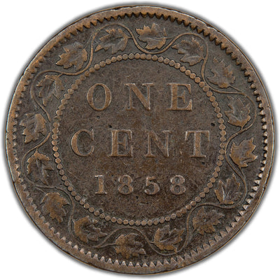 Reverse of a Province of Canada 1858 1 Cent bronze coin (First Year of Issue, SKU: SP2832), displaying the denomination ONE CENT and date 1858 centered within an ornate outer wreath of 16 maple leaves on a continuous vine.
