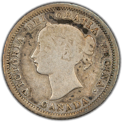 Obverse of a Province of Canada 1858 5 Cents silver coin (Small Date variety, SKU: SP2837) in Good/Very Good condition, featuring the laureate bust portrait of Queen Victoria facing left, surrounded by the legend VICTORIA DEI GRATIA REGINA and CANADA below.