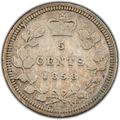 Reverse of a Province of Canada 1858 5 Cents silver coin (Small Date variety, SKU: SP2837) in Good/Very Good condition, displaying the denomination 5 CENTS and the small date 1858 crowned at the top and enclosed within a maple leaf wreath tied with a ribbon.