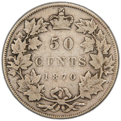 Reverse of a key Dominion of Canada 1870 50 Cents silver coin (LCW designer initials variety, SKU: SP2866) in Very Good/Fine condition, displaying the denomination 50 CENTS and date 1870 crowned at the top, enclosed within a tied maple leaf wreath.