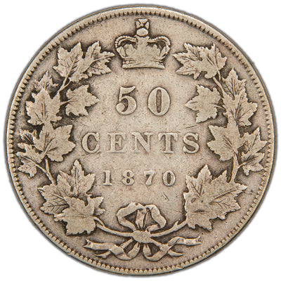 Reverse of a key Dominion of Canada 1870 50 Cents silver coin (LCW designer initials variety, SKU: SP2866) in Very Good/Fine condition, displaying the denomination 50 CENTS and date 1870 crowned at the top, enclosed within a tied maple leaf wreath.