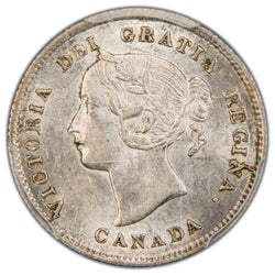 Close-up view of Queen Victoria's portrait on Canada 1871 5 Cents silver coin, PCGS certification 49880047.