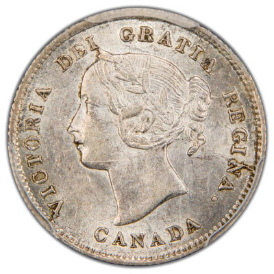 Close-up view of Queen Victoria's portrait on Canada 1871 5 Cents silver coin, PCGS certification 49880047.