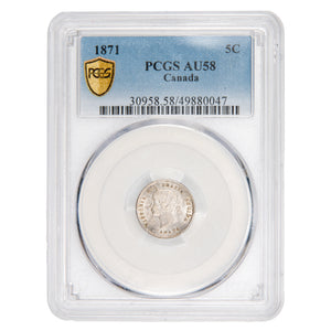 Canada 1871 5 Cents Silver Coin - PCGS AU-58
