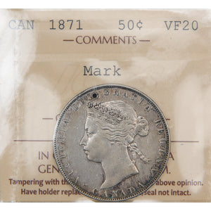 Canada 1871 50 Cents Half Dollar Silver Coin - ICCS VF-20 (mark)