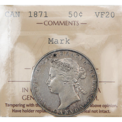 Front of ICCS protective slab encapsulation holder for a Canada 1871 50 Cents Half Dollar Silver coin (Grade VF-20 mark, SKU: XLI 503), displaying the official ICCS yellow certification insert label with grade, details, and serial number above the coin.