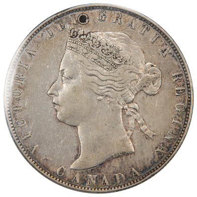 Obverse of a Canada 1871 50 Cents Half Dollar Silver coin (ICCS VF-20 mark, SKU: XLI 503), featuring the crowned laureate portrait of Queen Victoria facing left with visible surface mark, surrounded by VICTORIA D: G: REG: CANADA:.
