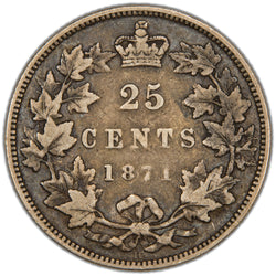 Canada 1871-H Obverse #2 25 Cents Quarter Silver Coin - Very Good