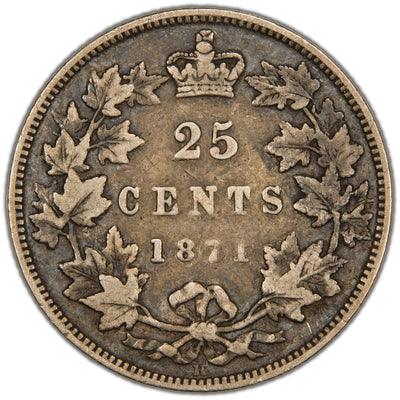 Canada 1871-H Obverse #2 25 Cents Quarter Silver Coin - Very Good