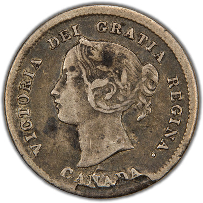 Obverse of a Dominion of Canada 1872-H 5 Cents silver coin (Heaton Mint, SKU: SP2839) in Very Fine condition featuring an obverse lamination error, depicting the laureate bust of Queen Victoria facing left with visible planchet flaking, surrounded by VICTORIA DEI GRATIA REGINA and CANADA below.