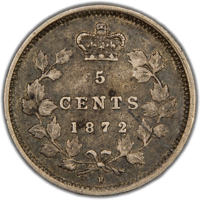 Reverse of a Dominion of Canada 1872-H 5 Cents silver coin (Heaton Mint, SKU: SP2839) in Very Fine condition, displaying the denomination 5 CENTS and date 1872 crowned at the top within a tied maple wreath, with the 'H' mintmark centered at the bottom above the ribbon bow.
