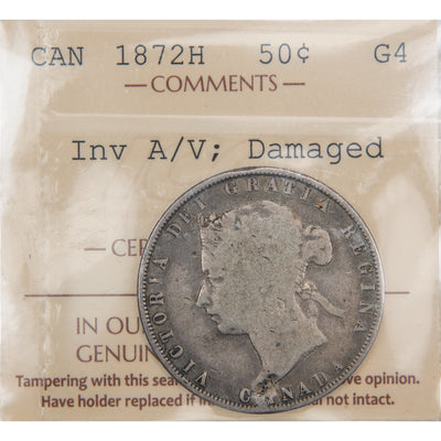 Front of ICCS protective slab encapsulation holder for a Canada 1872-H Inverted A/V 50 Cents Half Dollar Silver coin (Grade G-4 damaged, SKU: XLI 508), displaying the official ICCS yellow certification insert label with grade, variety designation, and serial number above the coin.