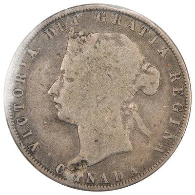 Obverse of a Canada 1872-H Inverted A/V 50 Cents Half Dollar Silver coin (ICCS G-4 damaged, SKU: XLI 508), featuring the worn laureate portrait of Queen Victoria facing left with visible damage, surrounded by VICTORIA D: G: REG: CANADA:.