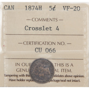 Canada 1874-H Crosslet 4 5 Five Cents Silver Coin - ICCS VF-20