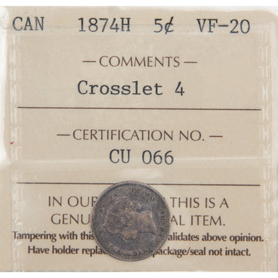 Front of ICCS protective flip holder for a Canada 1874-H Crosslet 4 5 Cents silver coin (Grade Very Fine-20, SKU: CU 066), displaying the official ICCS certification insert with grade, variety designation, mint mark, and serial number above the coin.