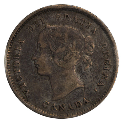 Obverse of a Canada 1874-H Crosslet 4 5 Cents silver coin (ICCS VF-20, SKU: CU 066), featuring the draped bust of Queen Victoria facing left, surrounded by VICTORIA DEI GRATIA REGINA CANADA.