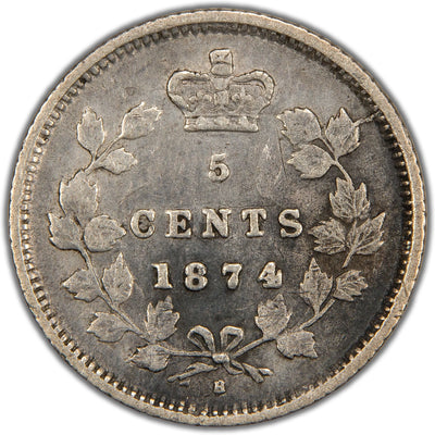 Reverse of a Canada 1874-H 5 Cents silver coin (Crosslet 4 variety, Heaton Mint, SKU: SP2840) in Fine condition with cleaned surfaces, displaying the denomination 5 CENTS and date 1874 with a distinct crosslet 4 numeral crowned at the top, enclosed within a maple leaf wreath with the 'H' mintmark at the bottom.