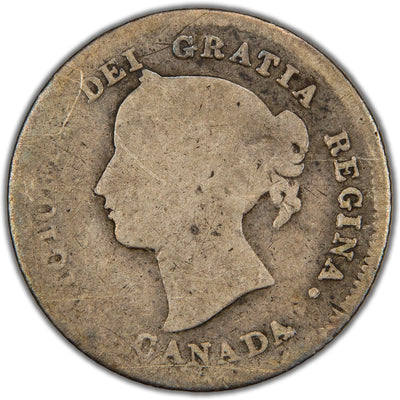 Obverse of a key-date Canada 1875-H 5 Cents silver coin (Large Date variety, Heaton Mint, SKU: SP2841) in filler condition showing heavy wear, featuring the laureate bust portrait of Queen Victoria facing left, surrounded by the legend VICTORIA DEI GRATIA REGINA with CANADA below.