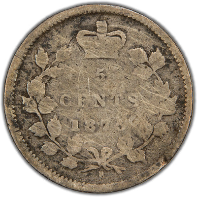 Reverse of a key-date Canada 1875-H 5 Cents silver coin (Large Date variety, Heaton Mint, SKU: SP2841) in filler condition, displaying the denomination 5 CENTS and the large date 1875 crowned at the top within a tied maple wreath, with the 'H' mintmark centered at the bottom above the ribbon bow.
