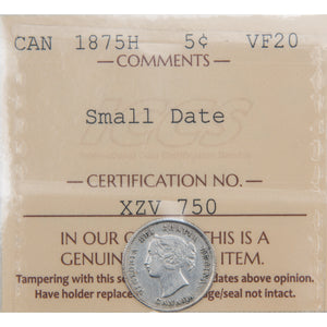 Canada 1875-H Small Date 5 Cents Silver Coin - ICCS VF-20