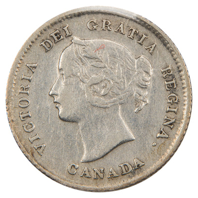 Obverse of a Canada 1875-H Small Date 5 Cents Silver coin (ICCS VF-20, SKU: XZV 750), featuring the crowned laureate portrait of Queen Victoria facing left, surrounded by VICTORIA D: G: REG: CANADA:.