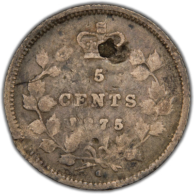 Reverse of a key-date Canada 1875-H 5 Cents silver coin (Small Date variety, Heaton Mint, SKU: SP2842) in filler condition, displaying the denomination 5 CENTS and the small date 1875 crowned at the top within a tied maple wreath, with the 'H' mintmark centered at the bottom above the ribbon bow.