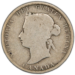 Obverse of a key-date Dominion of Canada 1875-H 25 Cents silver coin (Heaton Mint, SKU: SP2855) in Good condition showing full outline wear, featuring the laureate bust portrait of Queen Victoria facing left, surrounded by the legend VICTORIA DEI GRATIA REGINA with CANADA below.