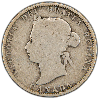 Obverse of a key-date Dominion of Canada 1875-H 25 Cents silver coin (Heaton Mint, SKU: SP2855) in Good condition showing full outline wear, featuring the laureate bust portrait of Queen Victoria facing left, surrounded by the legend VICTORIA DEI GRATIA REGINA with CANADA below.