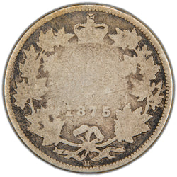Reverse of a key-date Dominion of Canada 1875-H 25 Cents silver coin (Heaton Mint, SKU: SP2854) in circulated condition, displaying the denomination 25 CENTS and date 1875 crowned at the top within a tied maple leaf wreath, with the distinct 'H' mintmark centered at the bottom.