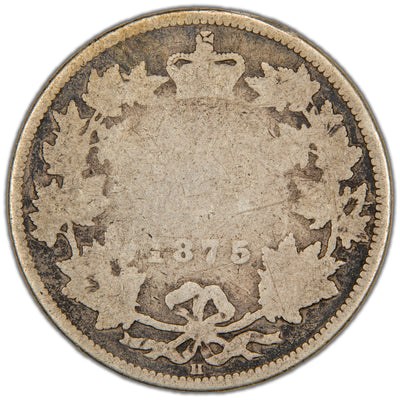 Reverse of a key-date Dominion of Canada 1875-H 25 Cents silver coin (Heaton Mint, SKU: SP2854) in circulated condition, displaying the denomination 25 CENTS and date 1875 crowned at the top within a tied maple leaf wreath, with the distinct 'H' mintmark centered at the bottom.