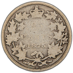 Reverse of a key-date Dominion of Canada 1875-H 25 Cents silver coin (Heaton Mint, SKU: SP2855) in Good condition, displaying the denomination 25 CENTS and date 1875 crowned at the top within a tied maple leaf wreath, with the 'H' mintmark centered at the bottom.