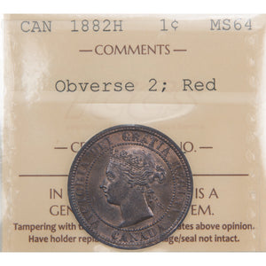 Canada 1882-H Obv #2 1 Large Cent Coin - ICCS MS-64 Red