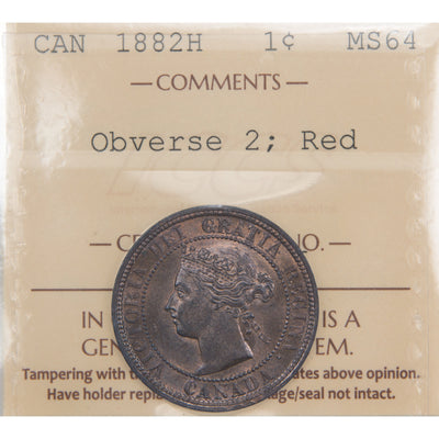 Front of ICCS protective flip holder for a Canada 1882-H Obverse #2 1 Large Cent bronze coin (Grade MS-64 Red, SKU: XXV 926), displaying the official ICCS certification insert with grade, variety designation, color designation, and serial number above the coin.