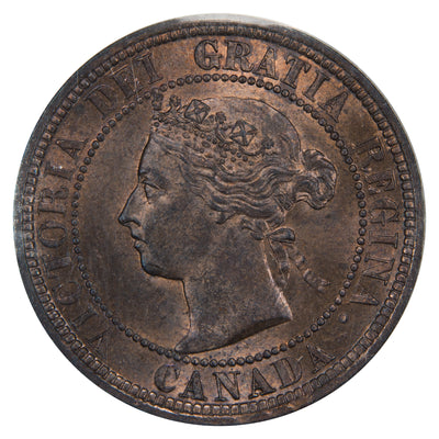 Obverse of a Canada 1882-H Obverse #2 1 Large Cent coin (ICCS MS-64 Red, SKU: XXV 926), featuring the Obverse #2 variety draped bust of Queen Victoria facing left, surrounded by VICTORIA DEI GRATIA REGINA CANADA.