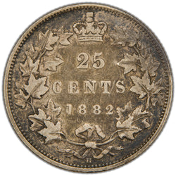 Reverse of a Dominion of Canada 1882-H 25 Cents silver coin (Heaton Mint, SKU: SP2856) in Fine+ condition, displaying the denomination 25 CENTS and date 1882 crowned at the top within a tied maple leaf wreath, with the 'H' mintmark centered at the bottom.