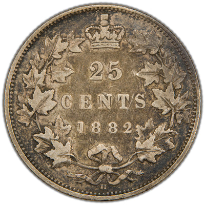 Reverse of a Dominion of Canada 1882-H 25 Cents silver coin (Heaton Mint, SKU: SP2856) in Fine+ condition, displaying the denomination 25 CENTS and date 1882 crowned at the top within a tied maple leaf wreath, with the 'H' mintmark centered at the bottom.