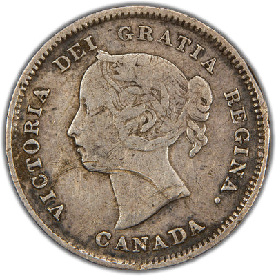 Obverse of a Canada 1884 5 Cents silver coin (SKU: SP2843) in Fine condition showing noticeable surface scratches, featuring the laureate bust portrait of Queen Victoria facing left, surrounded by the legend VICTORIA DEI GRATIA REGINA with CANADA below.