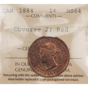 Canada 1884 Obv #2 1 Large Cent Coin - ICCS MS-64 Red