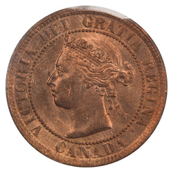 Obverse of a Canada 1884 Obv #2 1 Large Cent coin (ICCS MS-64 Red, SKU: XZV 755), featuring the crowned laureate portrait of Queen Victoria (Obverse #2) facing left, surrounded by VICTORIA DEI GRATIA REGINA CANADA.