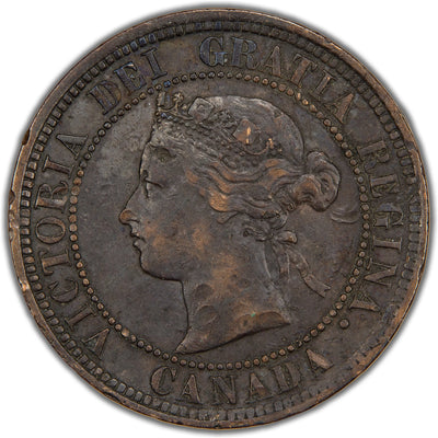 Obverse of a Canada 1884 1 Cent bronze coin (Obverse 1 variety, SKU: SP2834) in Very Fine condition showing minor surface damage, featuring the laureate bust of Queen Victoria facing left surrounded by the legend VICTORIA DEI GRATIA REGINA.