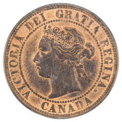 Obverse of a Canada 1886 Obverse #1 1 Large Cent coin (PCGS MS-63 Red & Brown, SKU: 1371015), featuring the Obverse #1 variety draped bust of Queen Victoria wearing a laurel wreath and diadem facing left, surrounded by VICTORIA DEI GRATIA REGINA CANADA.