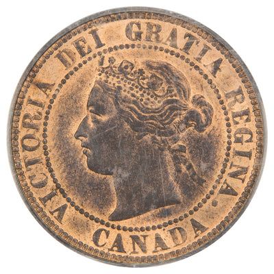 Obverse of a Canada 1886 Obverse #1 1 Large Cent coin (PCGS MS-63 Red & Brown, SKU: 1371015), featuring the Obverse #1 variety draped bust of Queen Victoria wearing a laurel wreath and diadem facing left, surrounded by VICTORIA DEI GRATIA REGINA CANADA.