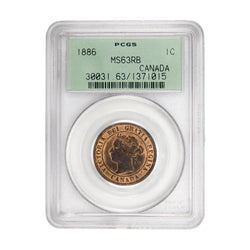 Front of PCGS protective slab encapsulation holder for a Canada 1886 Obverse #1 1 Large Cent bronze coin (Grade MS-63 Red & Brown, SKU: 1371015), displaying the official PCGS certification label with PCGS logo, grade, variety designation, color designation, and barcode above the coin.