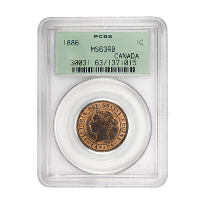Front of PCGS protective slab encapsulation holder for a Canada 1886 Obverse #1 1 Large Cent bronze coin (Grade MS-63 Red & Brown, SKU: 1371015), displaying the official PCGS certification label with PCGS logo, grade, variety designation, color designation, and barcode above the coin.