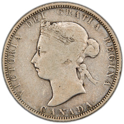 Obverse of a key-variety Dominion of Canada 1886 25 Cents silver coin (Short Bough End, Obverse #4 die variety, SKU: SP2857) in Very Good condition, featuring the laureate bust portrait of Queen Victoria facing left, surrounded by the legend VICTORIA DEI GRATIA REGINA with CANADA below.